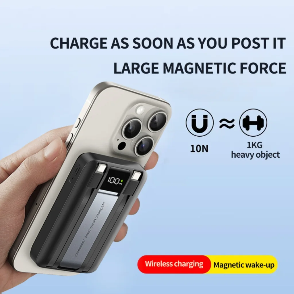 10000mAh Magnetic Wireless Power Bank with Type-C Cable Output and LED Display