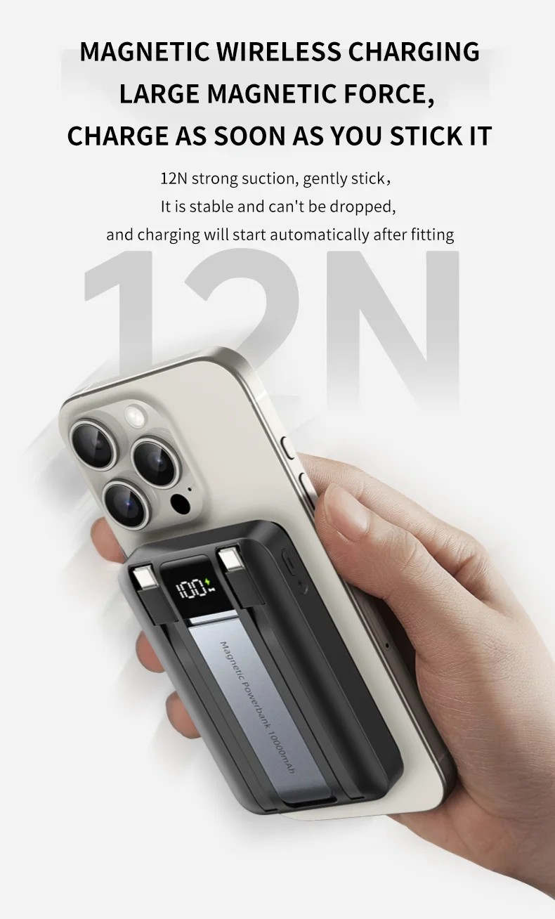 10000mAh Magnetic Wireless Power Bank with Type-C Cable Output and LED Display