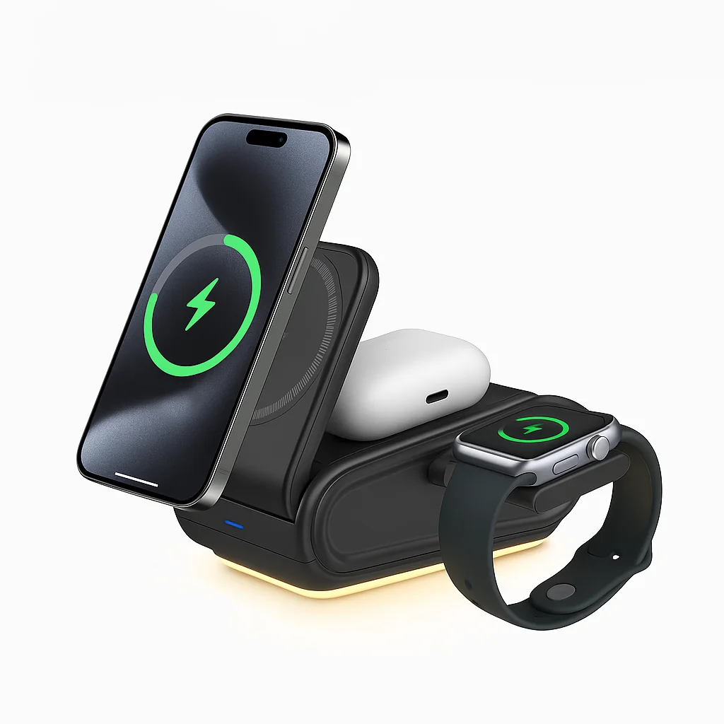 Estação de Carregamento Sem Fio 4 em 1 com Luz Noturna Dobrável e Suporte Magnético para iPhone, Fones de Ouvido e Relógio