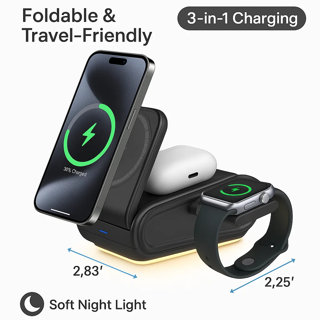 Estação de Carregamento Sem Fio 4 em 1 com Luz Noturna Dobrável e Suporte Magnético para iPhone, Fones de Ouvido e Relógio