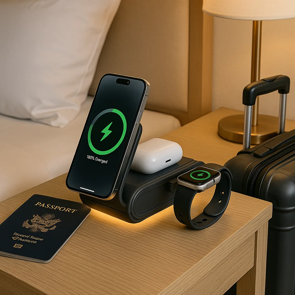Estação de Carregamento Sem Fio 4 em 1 com Luz Noturna Dobrável e Suporte Magnético para iPhone, Fones de Ouvido e Relógio
