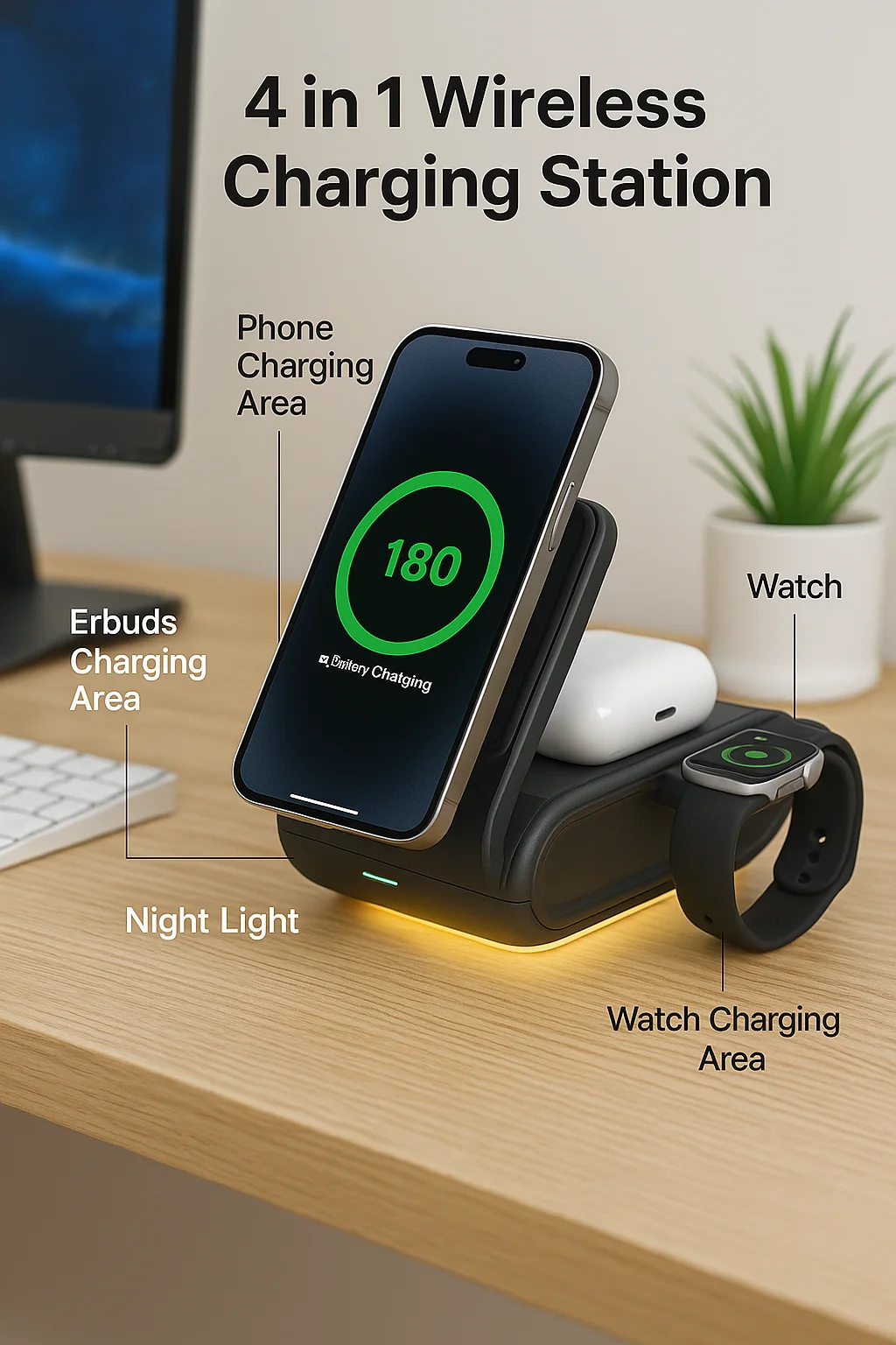 Estação de Carregamento Sem Fio 4 em 1 com Luz Noturna Dobrável e Suporte Magnético para iPhone, Fones de Ouvido e Relógio