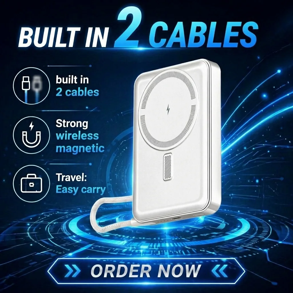 10000mAh Banco de Energía Magnético con Soporte Plegable y Cables Integrados para Android y iPhone