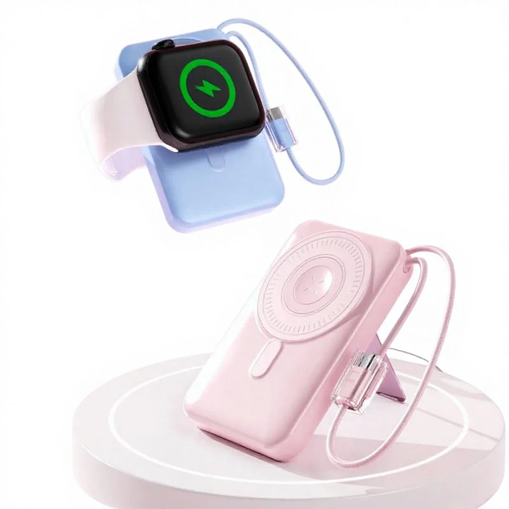 Banco de Energía Magnético Inalámbrico de 10000mAh 22.5W con Soporte Plegable y Pantalla LED para iPhone/Apple Watch – Fábrica