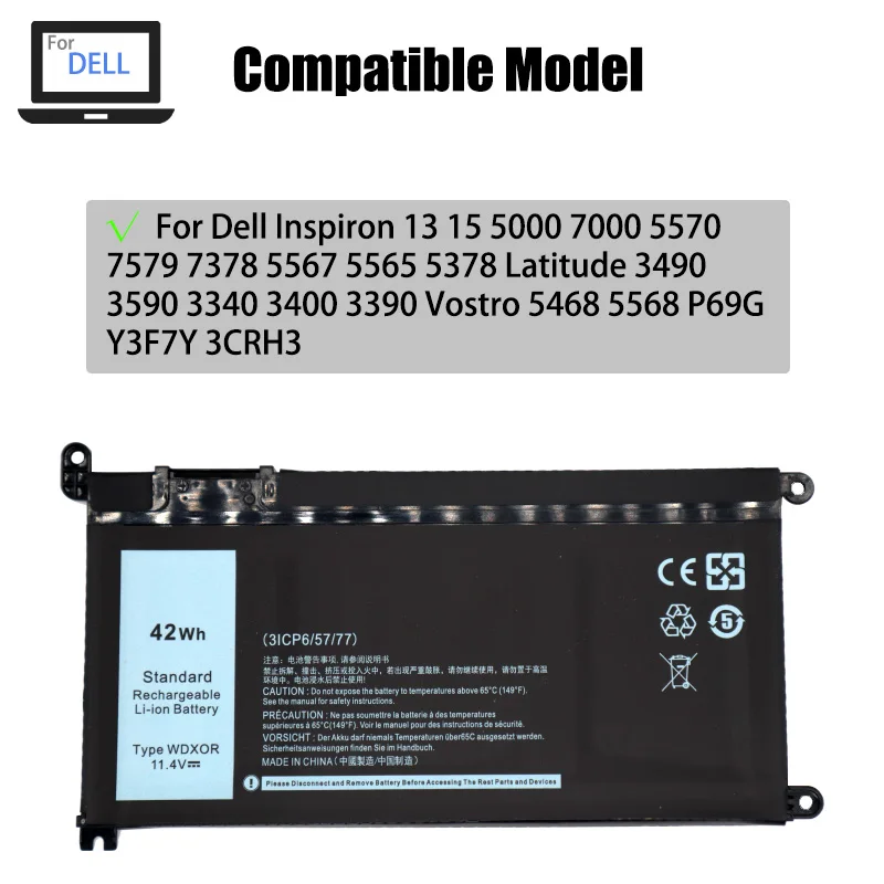 11.4V 42Wh Batería WDXOR para Portátil Dell Inspiron 13-5000, 15-5000, 15-7000, 17-5000 Series